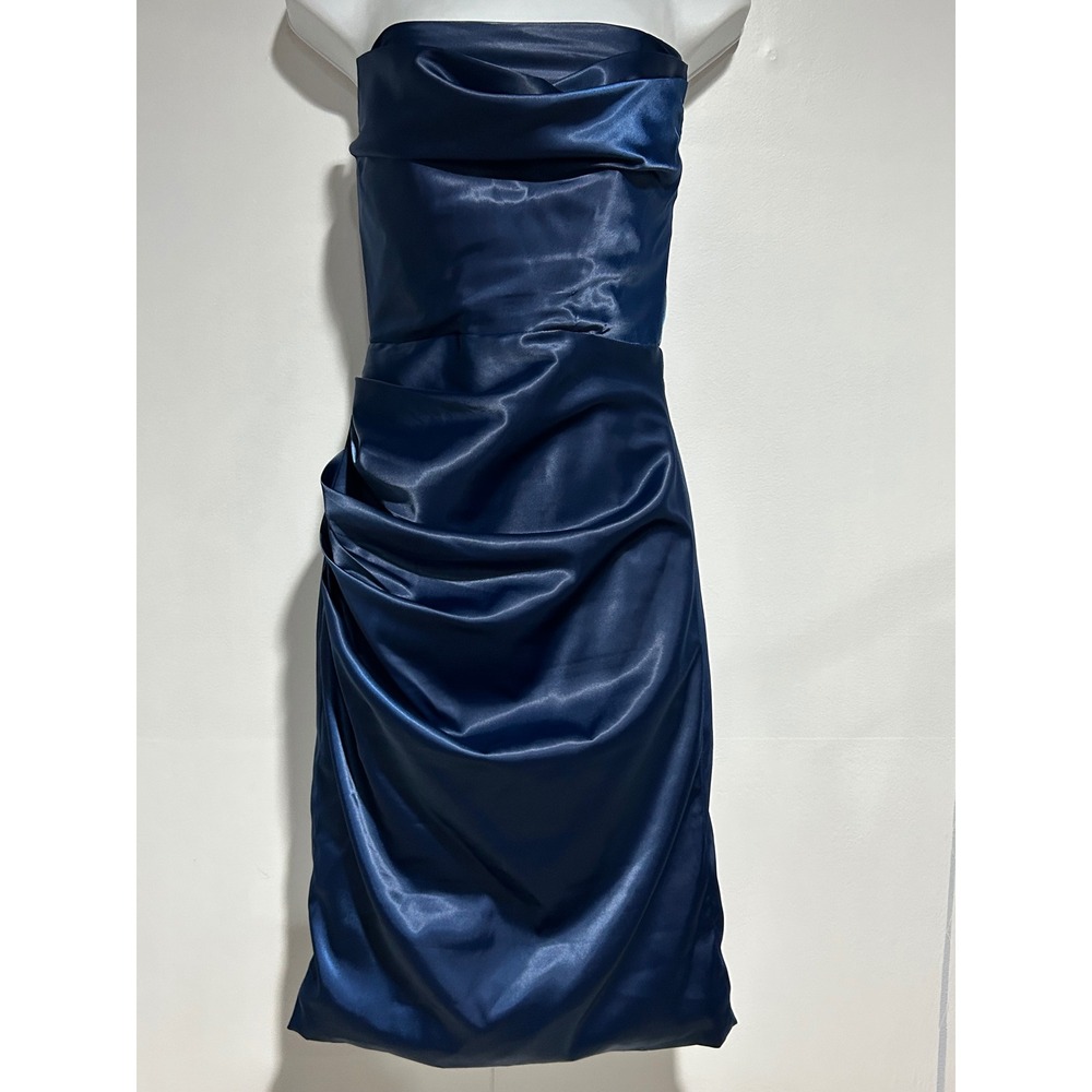 Navy Blue Strapless Dress Women Small Ruched Satin Bodycon Homecoming Elegant